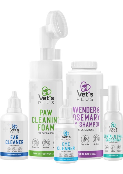 Kediler İçin Kapsamlı Temizlik ve Bakım Paketi - Kuru Şampuan, Göz, Kulak, Diş ve Pati Temizleme