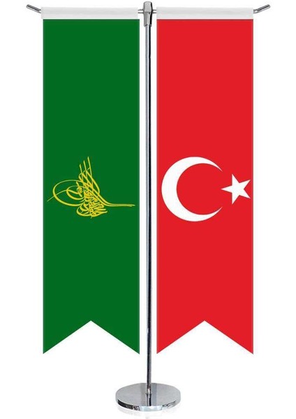 Yeşil Osmanlı Tuğrası Bayrağı ve Türkiye Kırlangıç Saten T Direk Masa Bayrağı 2'li