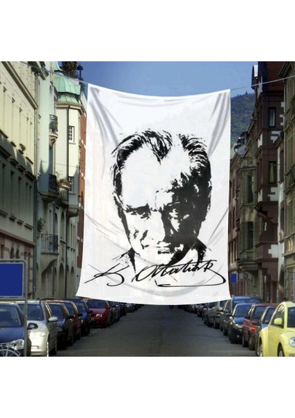 Siyah - Beyaz Mustafa Kemal Atatürk Silüeti ve Imza Dış Cephe Poster Bayrağı - 6x9 Metre