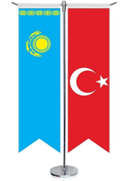 Kazakistan Cumhuriyeti Bayrağı ve Türkiye Kırlangıç Saten T Direk Masa Bayrağı 2'li
