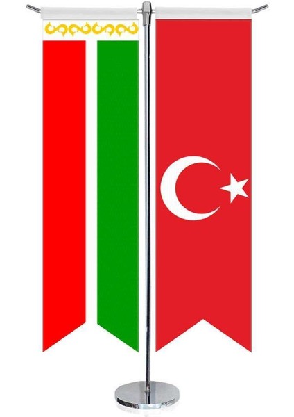 Çeçenistan Bayrağı Logo ve Türkiye Kırlangıç Saten T Direk Masa Bayrağı 2'li