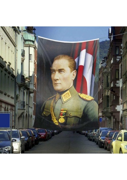 Üniformalı Gazi Mustafa Kemal Atatürk - Ay Yıldız Dış Cephe Poster Bayrak -600X900 cm