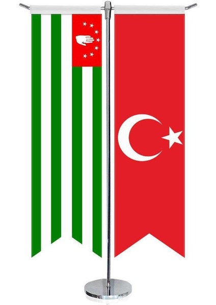 Abhazya Cumhuriyeti Bayrağı ve Türkiye Kırlangıç Saten T Direk Masa Bayrağı 2'li