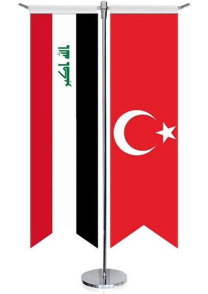 Irak Cumhuriyeti Bayrağı ve Türkiye Kırlangıç Saten T Direk Masa Bayrağı 2'li