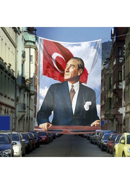 Ay Yıldızlı Sivil Mustafa Kemal Atatürk - Portre Cephe Poster Bayrak-Okul - Kutlama - Anı -6x9 Metre