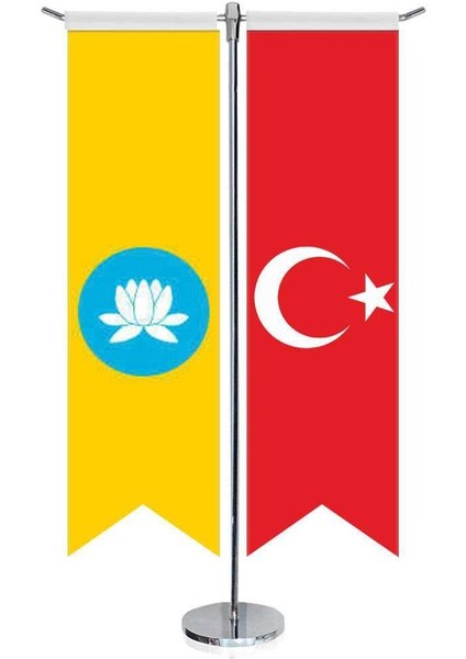 Kalmukya Cumhuriyeti Bayrağı ve Türkiye Kırlangıç Saten T Direk Masa Bayrağı 2'li