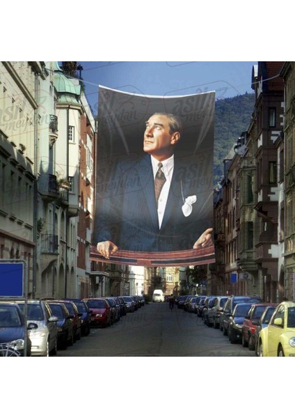 Takım Elbiseli Sivil Göğe Bakan Gazi Mustafa Kemal Atatürk - Portre Cephe Poster Bayrak-4x6 Metre