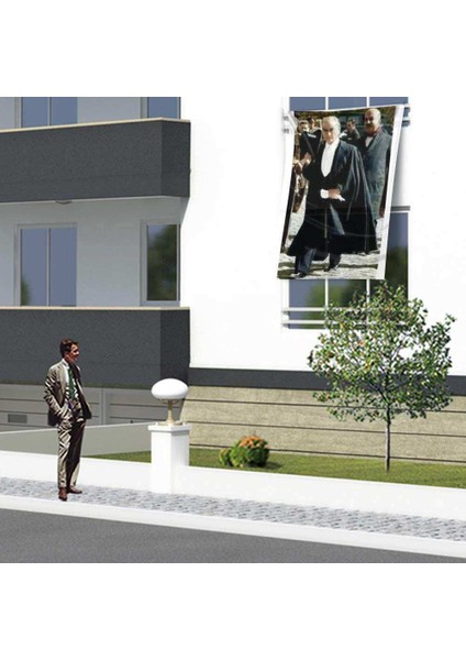 Pelerinli Mustafa Kemal Atatürk Poster Cephe Bayrağı-1,5x2,25 Metre