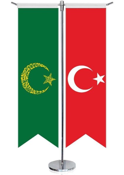 Yeşil Ayyıldız Kelime I Tehvid Bayrağı ve Türkiye Kırlangıç Saten T Direk Masa Bayrağı 2'li