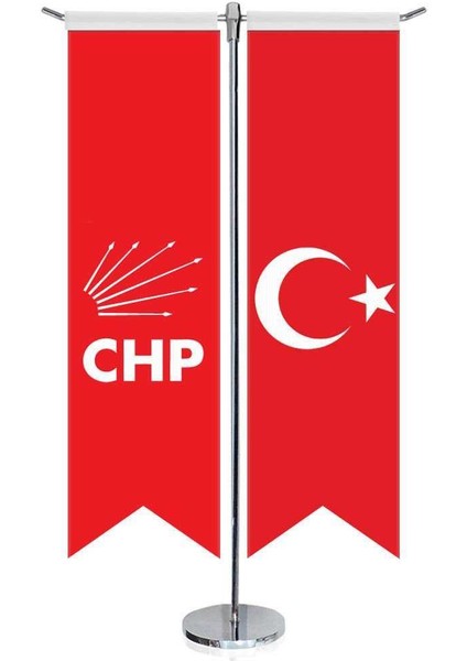 Kırmızı Cumhuriyet Halk Partisi Chp Bayrağı ve Türkiye Kırlangıç Saten T Direk Masa Bayrağı 2'li