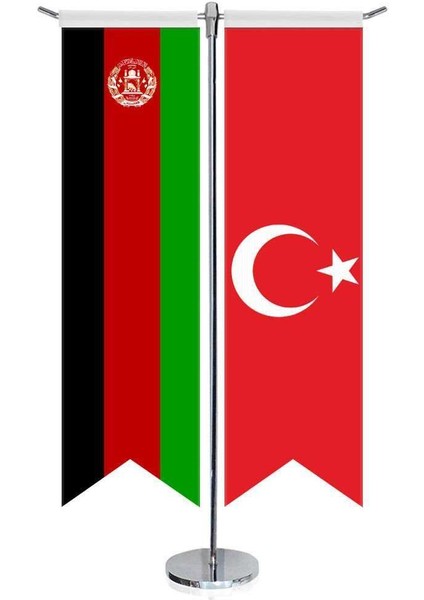 Afganistan Bayrağı ve Türkiye Kırlangıç Saten T Direk Masa Bayrağı 2'li