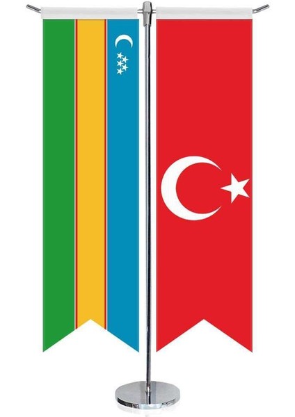 Karakalpakistan Cumhuriyeti Bayrağı ve Türkiye Kırlangıç Saten T Direk Masa Bayrağı 2'li