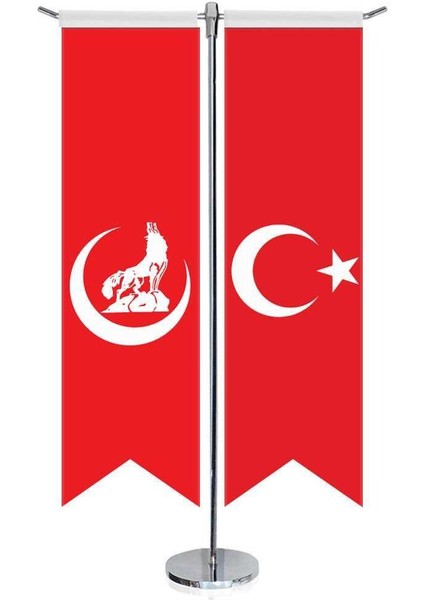 Kırmızı Hilal Bozkurt Bayrağı ve Türkiye Kırlangıç Saten T Direk Masa Bayrağı 2'li