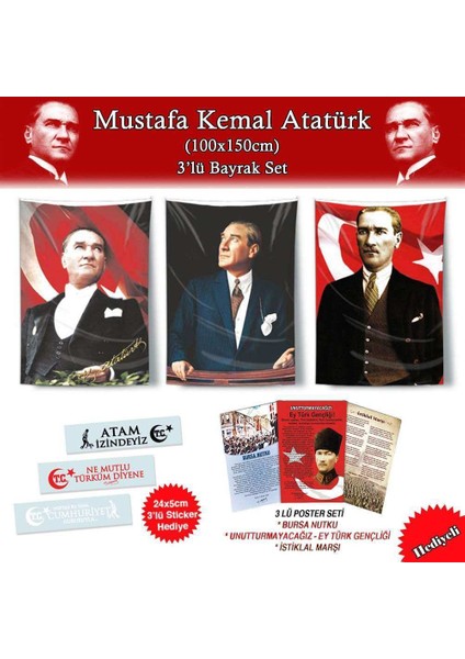 Gazi Mustafa Kemal Atatürk 1x1.5 mt Bayrak Set 2-3'lü Poster ve Sticker