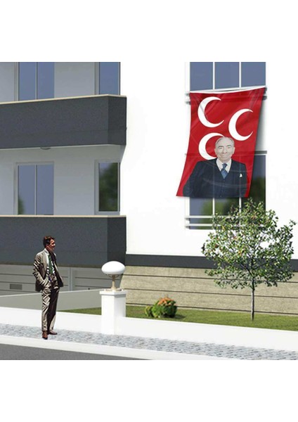 Alparslan Türkeş ve 3 Hilal Kırmızı Sancak Bayrak Mhp -150X225CM (1,5 X2,25 Metre)