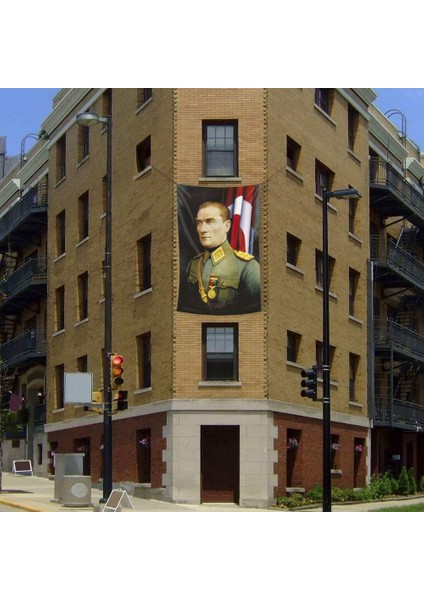 Üniformalı Gazi Mustafa Kemal Atatürk Poster Dış Cephe Bayrağı -Bayrak -200x300cm - 2x3metre