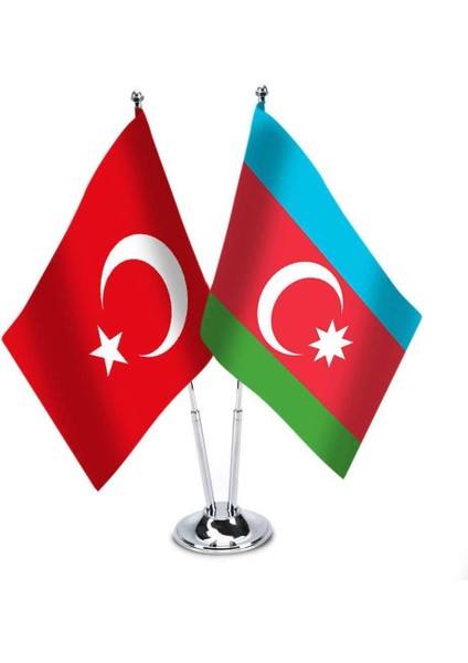 Türkiye - Azerbaycan - İkili Saten Masa Bayrağı