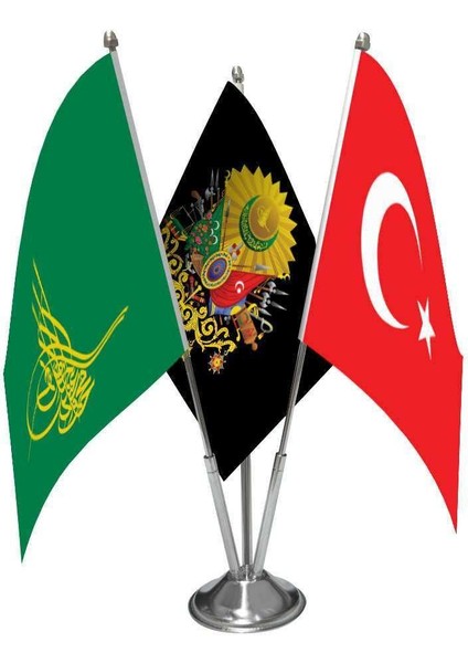 Yeşil Tuğra Osmanlı Arması ve Türkiye Üçlü Saten Masa Bayrağı Set