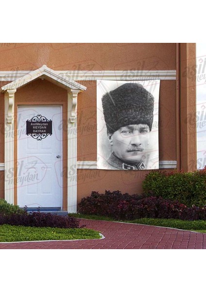 Kalpaklı Gazi Mustafa Kemal Atatürk - Siyah Beyaz Portre - Poster Bayrak 100x150 cm