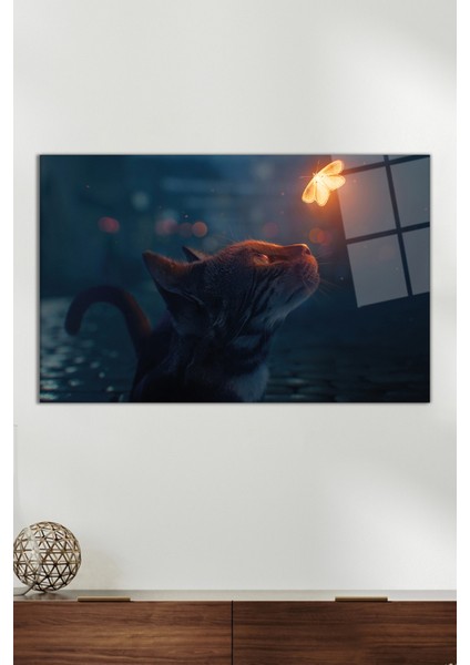 Kedi ve Kelebek Soyut Cam Tablo, Modern Ev Ofis Dekoru, Hediyelik Duvar Dekorasyonu, Kırılmaz Cam