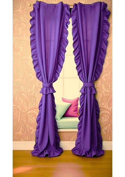 Cift Taraflı Fırfırlı Mor Vintage Pamuk Keten Perde (En x Boy) - Tek Kanat - Pilesiz modelleri