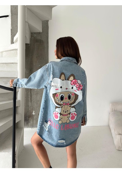 Kadın Oversize Baskılı Jean Kot Ceket – Labubu Desenli