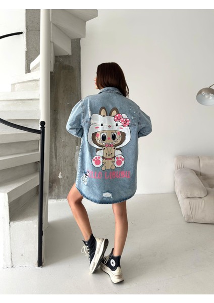 Kadın Oversize Baskılı Jean Kot Ceket – Labubu Desenli fırsatları