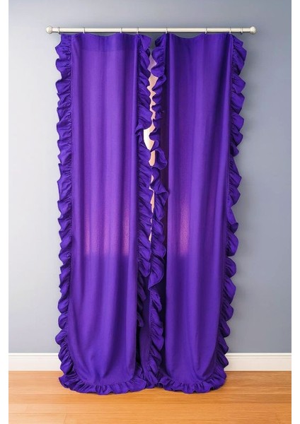 Cift Taraflı Fırfırlı Mor Vintage Pamuk Keten Perde (En x Boy) - Tek Kanat - Pilesiz fiyatları