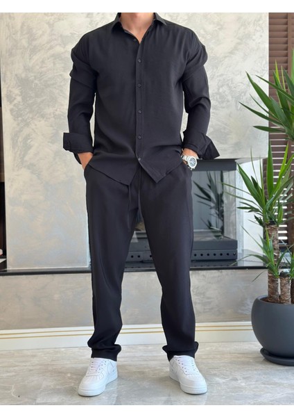 Erkek Rahat Kesim Dökümlü Kumaş Alt Üst Takım Siyah ECA018