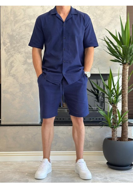 Erkek Rahat Kesim Ham Keten Alt Üst Şort Takım Lacivert ECA020