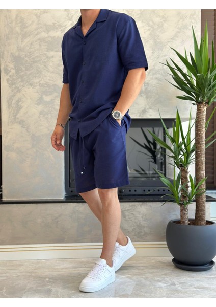 Erkek Rahat Kesim Ham Keten Alt Üst Şort Takım Lacivert ECA020 fiyatları