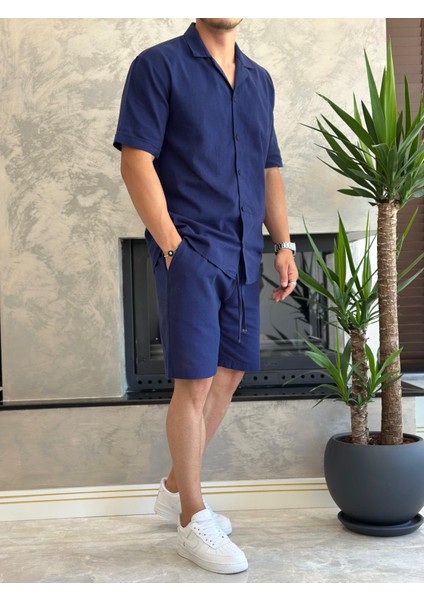 Erkek Rahat Kesim Ham Keten Alt Üst Şort Takım Lacivert ECA020 modelleri