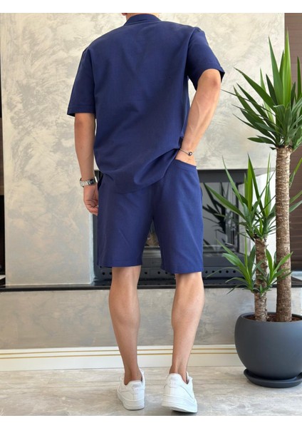 Erkek Rahat Kesim Ham Keten Alt Üst Şort Takım Lacivert ECA020 fırsatları