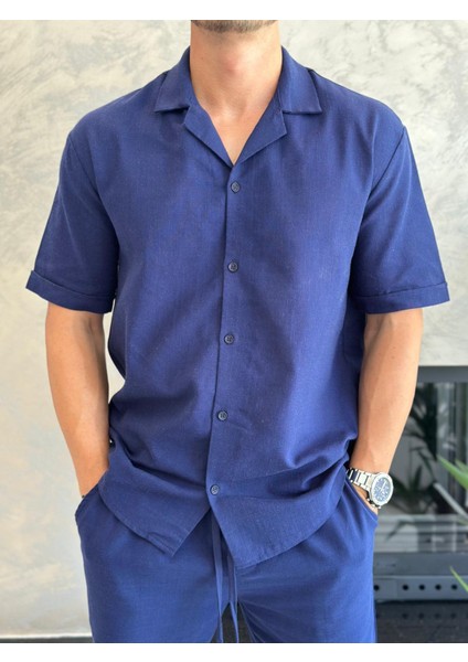 Erkek Rahat Kesim Ham Keten Alt Üst Şort Takım Lacivert ECA020 indirimleri