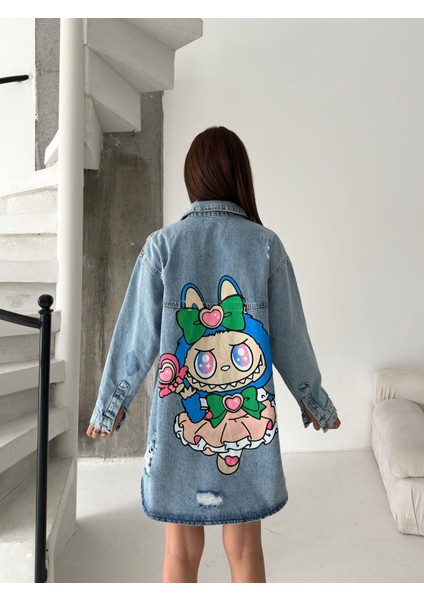 Kadın Oversize Baskılı Jean Kot Ceket – Labubu Desenli