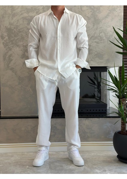 Erkek Rahat Kesim Dökümlü Kumaş Alt Üst Takım Beyaz ECA018