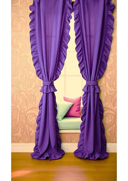 Cift Taraflı Fırfırlı Mor Vintage Pamuk Keten Perde (En x Boy) - Tek Kanat - Pilesiz