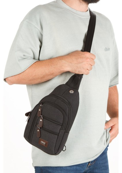 Siyah Kanvas Erkek Çapraz Göğüs ve Omuz Çantası, Çok Fonksiyonlu ve Şık Tasarım