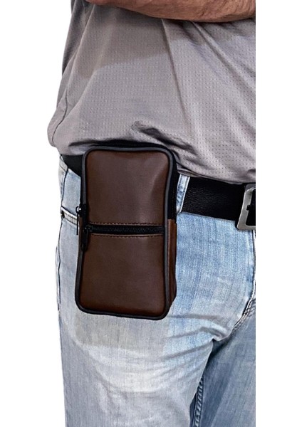 Hakiki Deri Telefon Kemer Çantası, Kahverengi, 3 Bölmeli, Şık ve Kullanışlı Tasarım