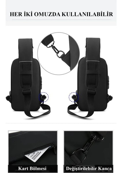 Suya Dayanıklı, USB Çıkışlı, Hırsız Korumalı, Çapraz ve Bel Çantası, Unisex, Siyah modelleri