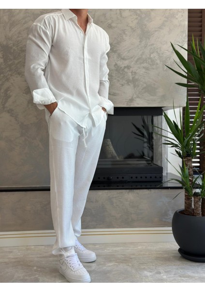 Erkek Rahat Kesim Dökümlü Kumaş Alt Üst Takım Beyaz ECA018 fiyatları