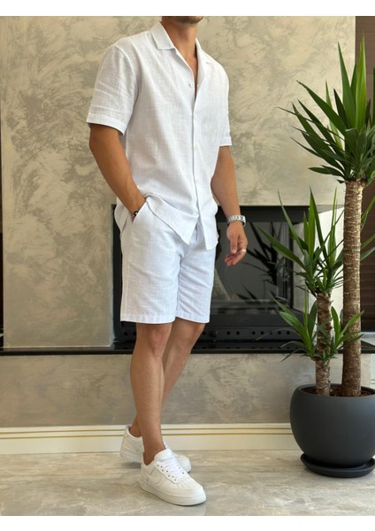 Erkek Rahat Kesim Ham Keten Alt Üst Şort Takım Beyaz ECA020 fiyatları