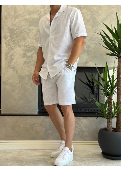 Erkek Rahat Kesim Ham Keten Alt Üst Şort Takım Beyaz ECA020 modelleri