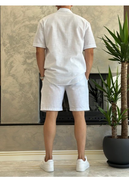 Erkek Rahat Kesim Ham Keten Alt Üst Şort Takım Beyaz ECA020 fırsatları