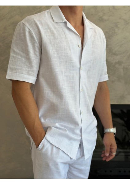 Erkek Rahat Kesim Ham Keten Alt Üst Şort Takım Beyaz ECA020 indirimleri