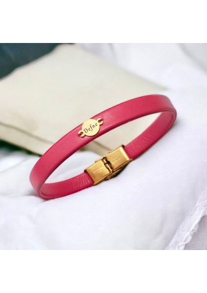 14 Ayar Altın Plakalı Defne Ismine Özel Yuvarlak Motifli Doğal Pembe Derili Hediye BILEKLIK-551ISIM