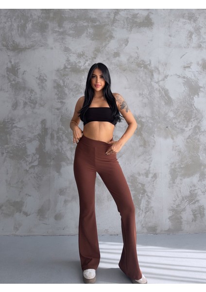Kadın Kahverengi Ispanyol Paça Krep Yüksek Bel Likralı Toparlayıcı Tayt Pantolon