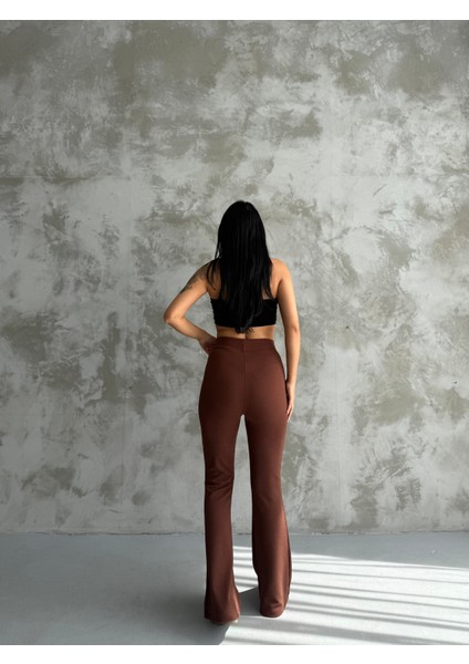 Kadın Kahverengi Ispanyol Paça Krep Yüksek Bel Likralı Toparlayıcı Tayt Pantolon fiyatları