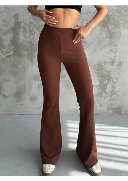 Kadın Kahverengi Ispanyol Paça Krep Yüksek Bel Likralı Toparlayıcı Tayt Pantolon modelleri