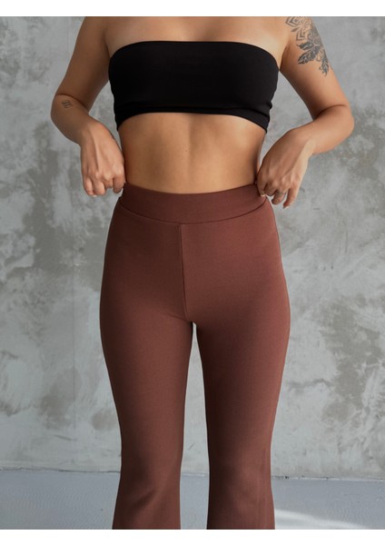 Kadın Kahverengi Ispanyol Paça Krep Yüksek Bel Likralı Toparlayıcı Tayt Pantolon fırsatları